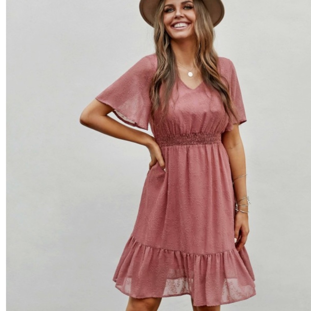 Petallush Dusty Rose V-Neck Flutter Sleeve Dress